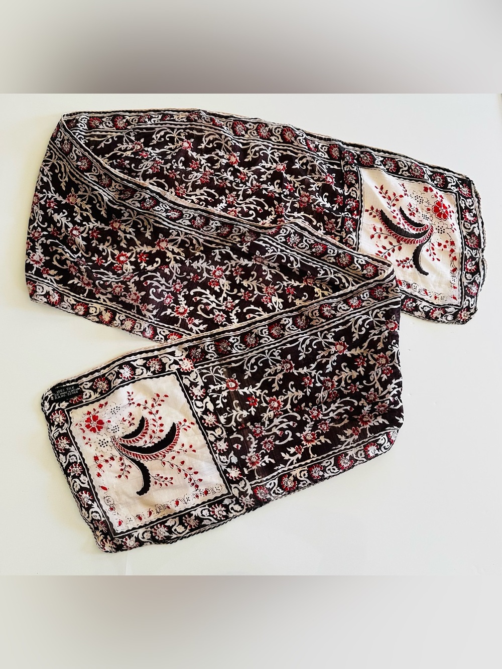Vtg India 100% Silk Paisley and Floral Long Scarf Cream Black Red Elegant Glam